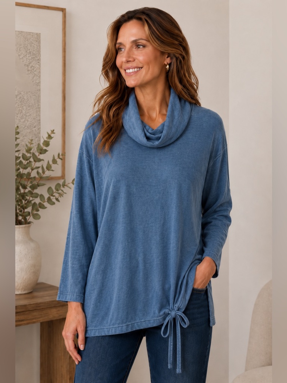 Pure Jill Indigo Cowl Neck Tunic Top Minimalist Chic Loungewear Relaxed Fit